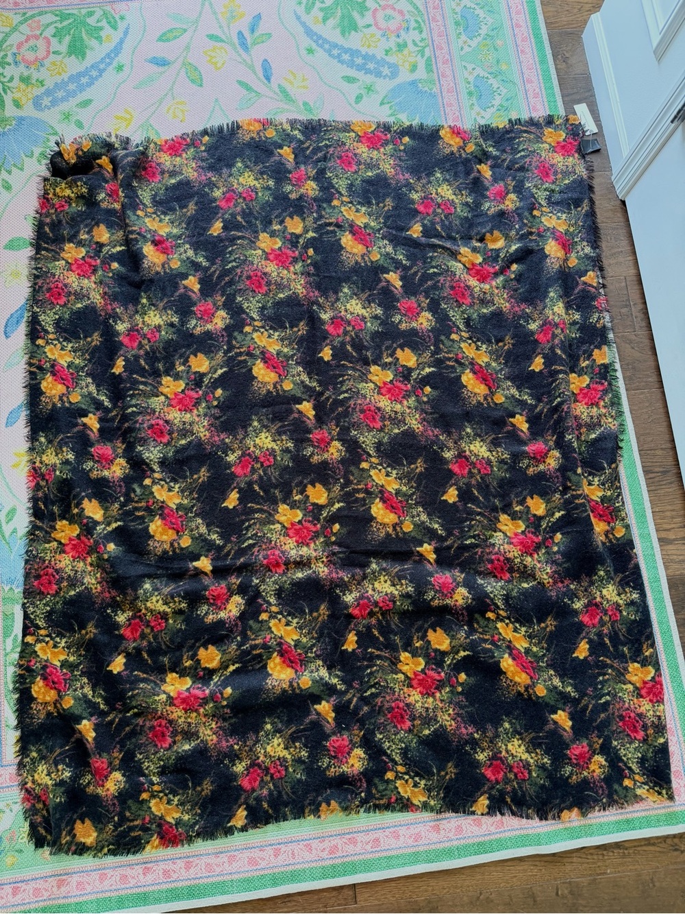 Anthropologie Black Floral Blanket Scarf Red/Mustard Yellow Grandmillennial NWT - Picture 4 of 4